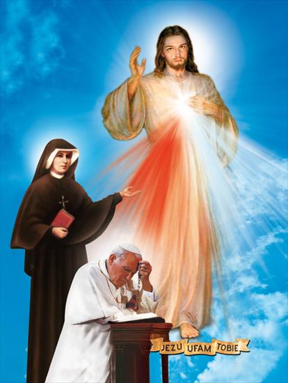 Niedziela Miłosierdzia Bożego - Plakat-religijny-Jezus-Milosierny,-siostra-Faustyna-i-Jan-Pawel-II.jpg